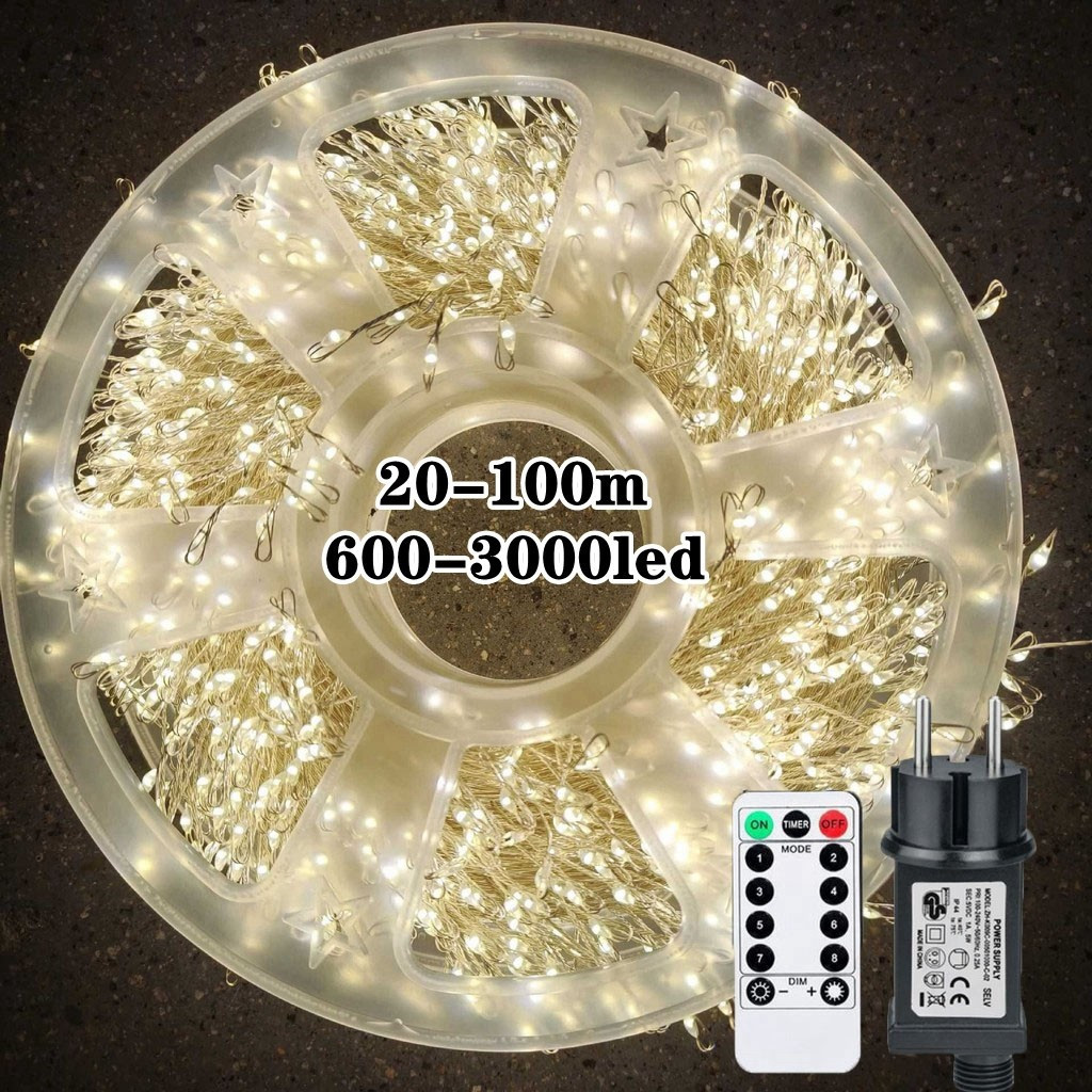 2026 Ano Novo 100m LED Fogos De Artifício De Natal Luzes De Fadas Plug-in Com Fio De Prata Controle Remoto Para Decoraçã
