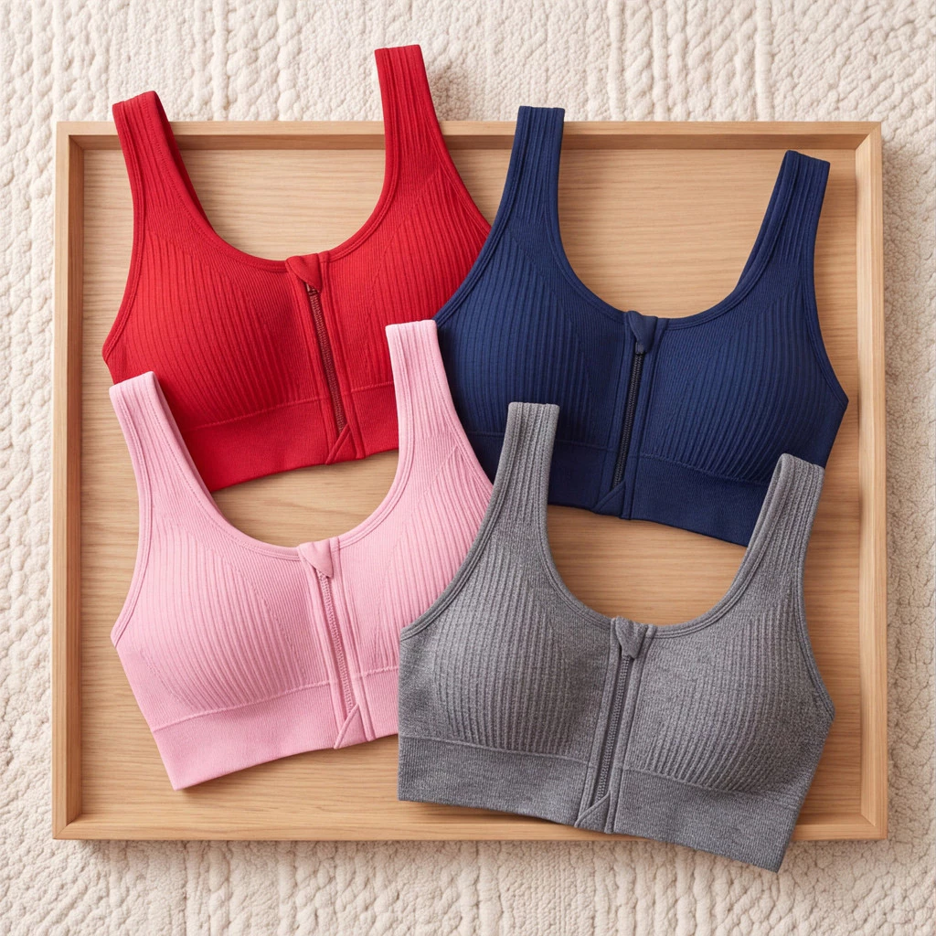Kit c até 4 Top Fitness Feminino Sem Costura Canelado Zíper Frontal Poliamida Academia — imagem 1