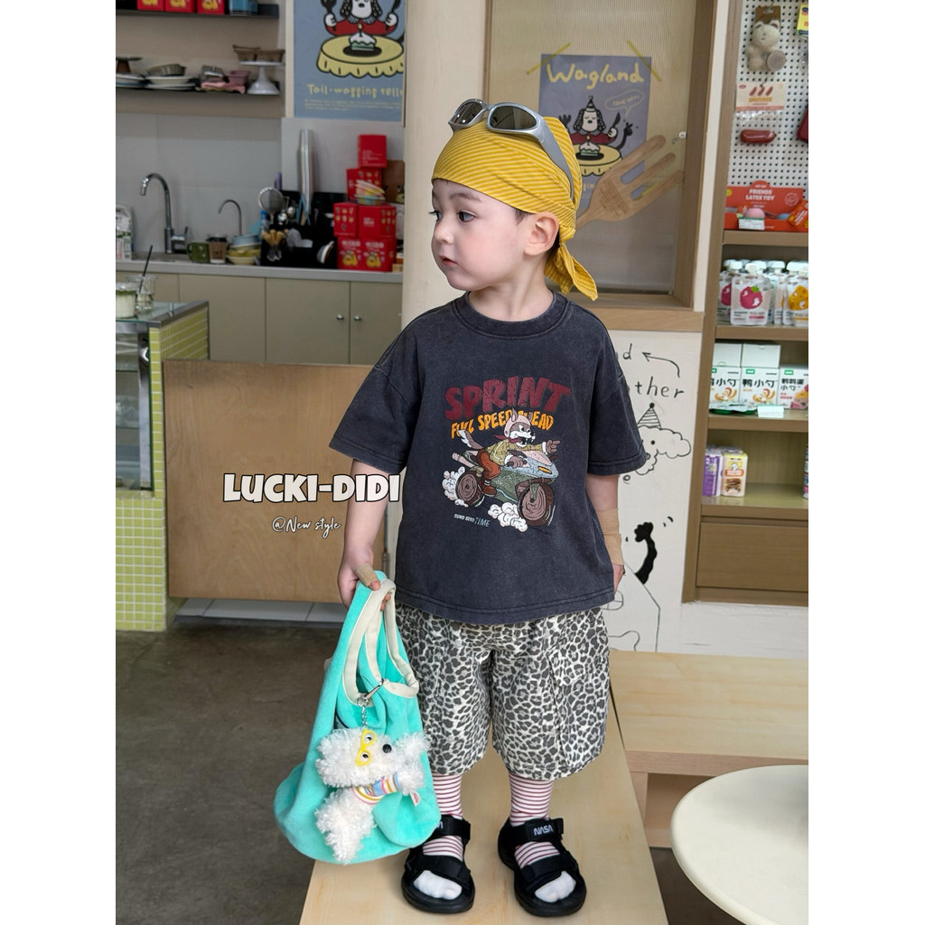 LUCKI crianças roupas infantis coreanas 2026 verão menino dos desenhos animados camiseta leopardo impressão Shorts pintu
