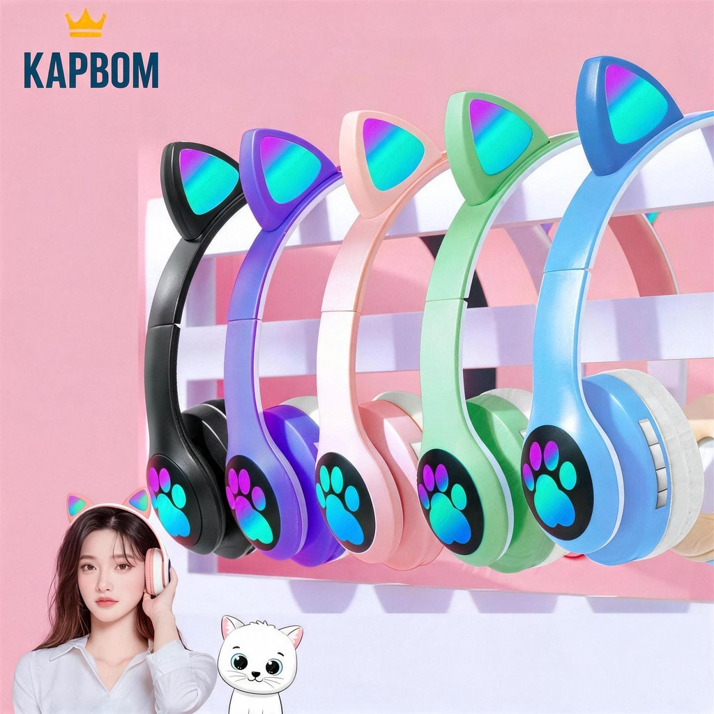 Fone de Ouvido Bluetooth Orelha de Gato RGB LED 5.3 Headset Gamer com Microfone Infantil - Kapbom KA-980