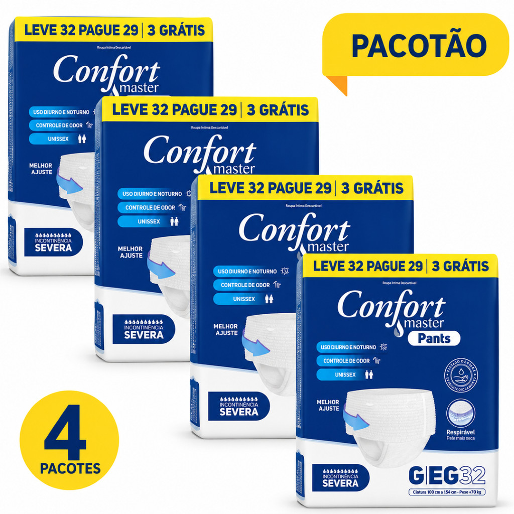 Kit Até 4 Pacotes Fralda Calça Geriatrica Pants Confort Master P/M G/XG Pacotão Inc Severa/Intensa Não Machuca