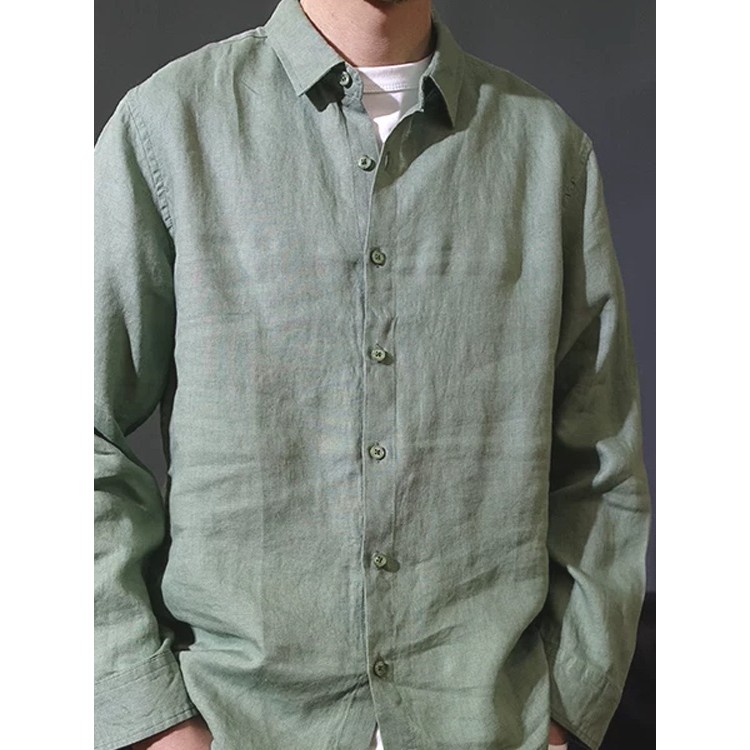 Camisa de linho de algodão verde exército masculina estilo dinheiro antigo Slim fit manga comprida ligeiramente enrugada