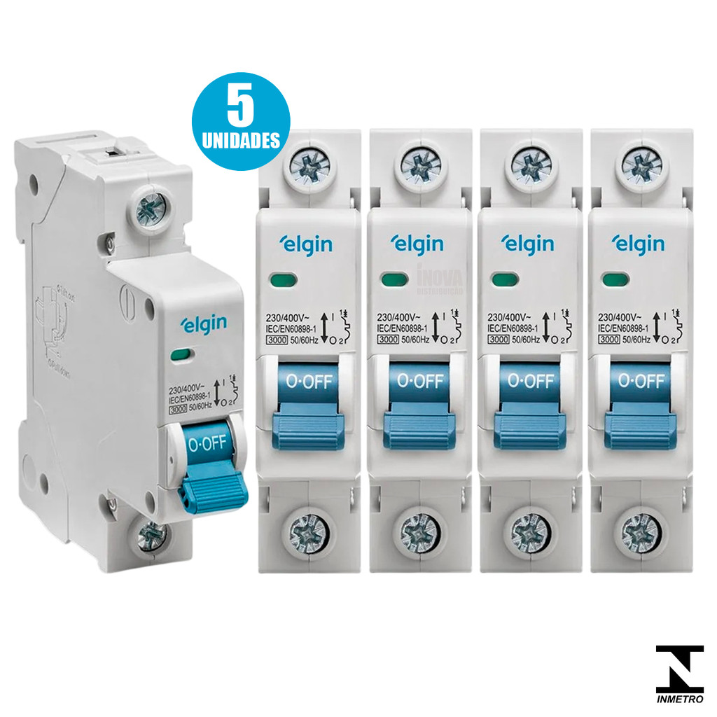 Kit 5 Disjuntor Monopolar Elgin 6A até 70A 1 Polo Din Curva C Bivolt Homologado Inmetro