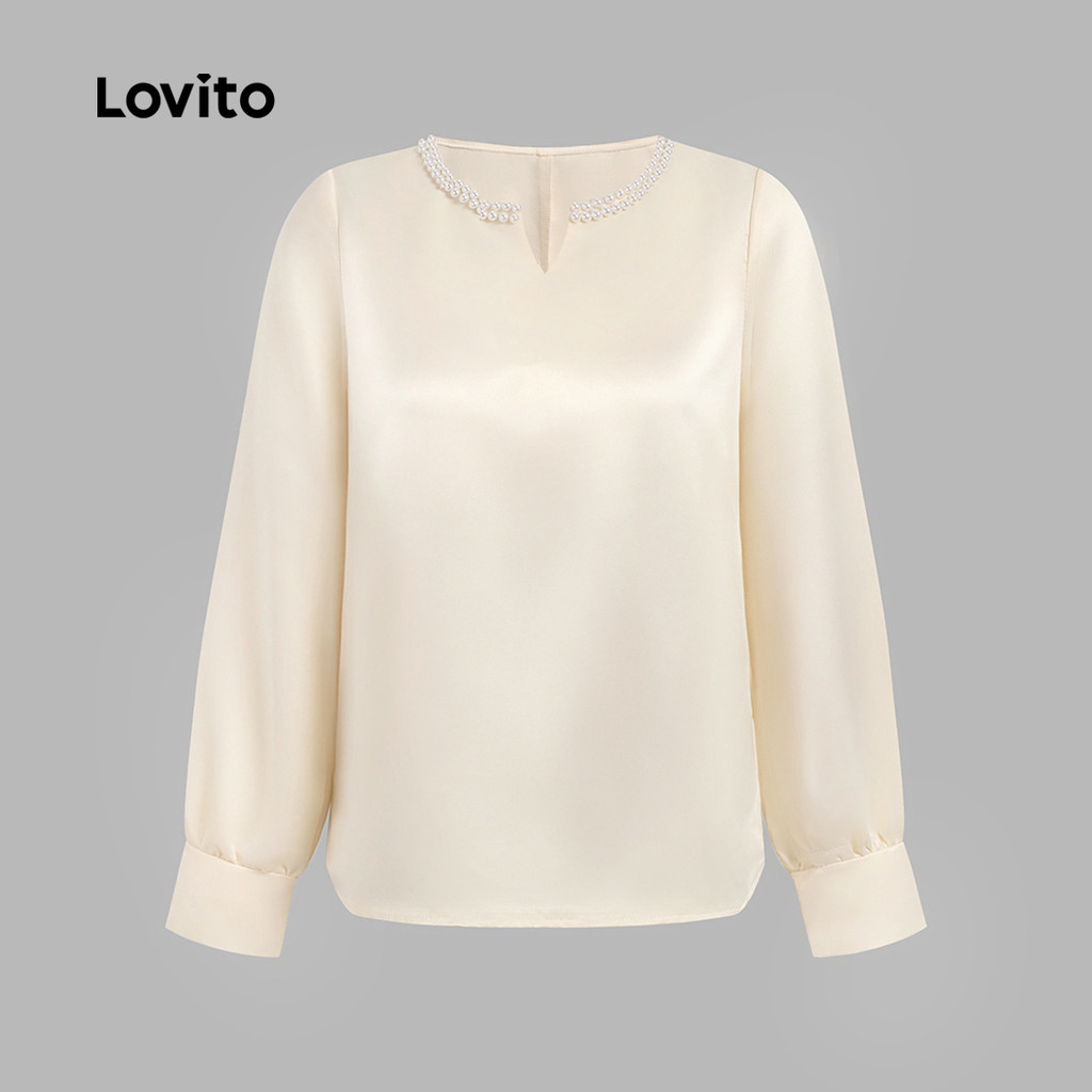 Lovito Blusa Elegante com Pérolas Primavera/verão em Caqui Claro para mulheres LBL35271 · foto 2