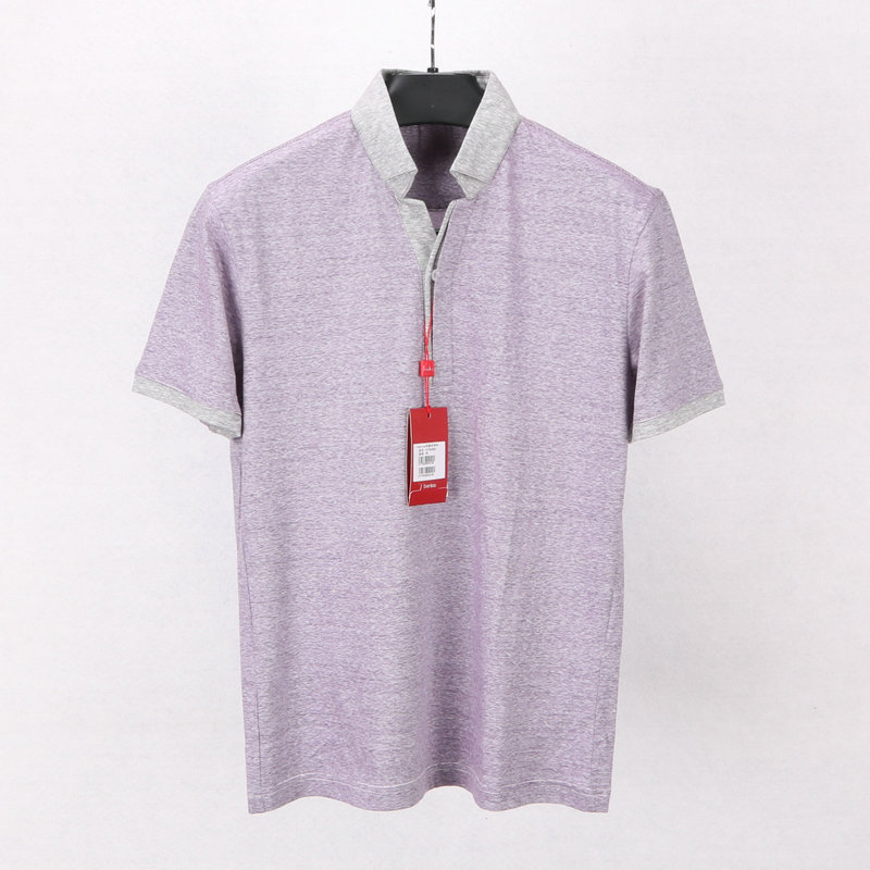Homens verão algodão linho malha gola deformada manga curta camiseta gola cinza roxo fino listrado Casual camiseta médio