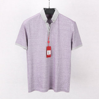 Homens verão algodão linho malha gola deformada manga curta camiseta gola cinza roxo fino listrado Casual camiseta médio