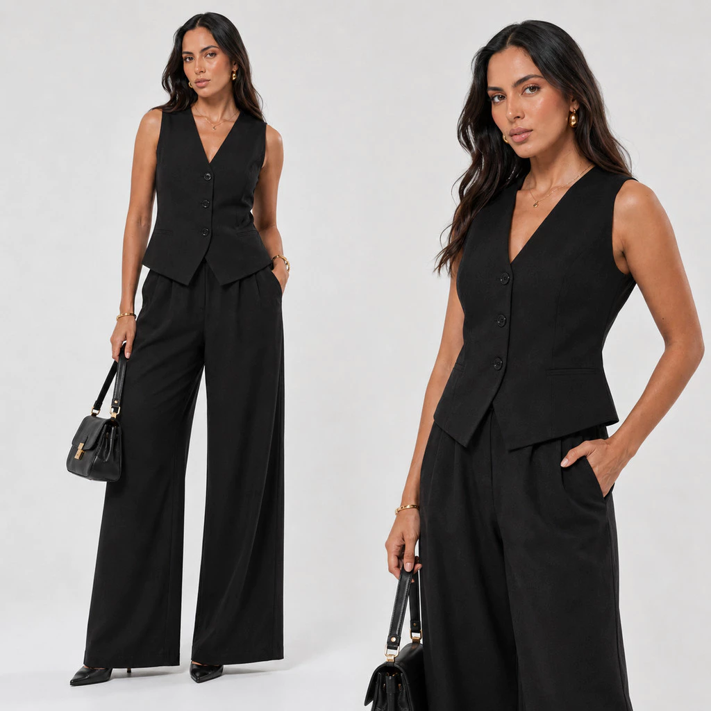 Conjunto Feminino Alfaiataria Blusa Colete Calça Pantalona Social P-M-G-GG Elegante com Botão Moda Mulher Outono Inverno