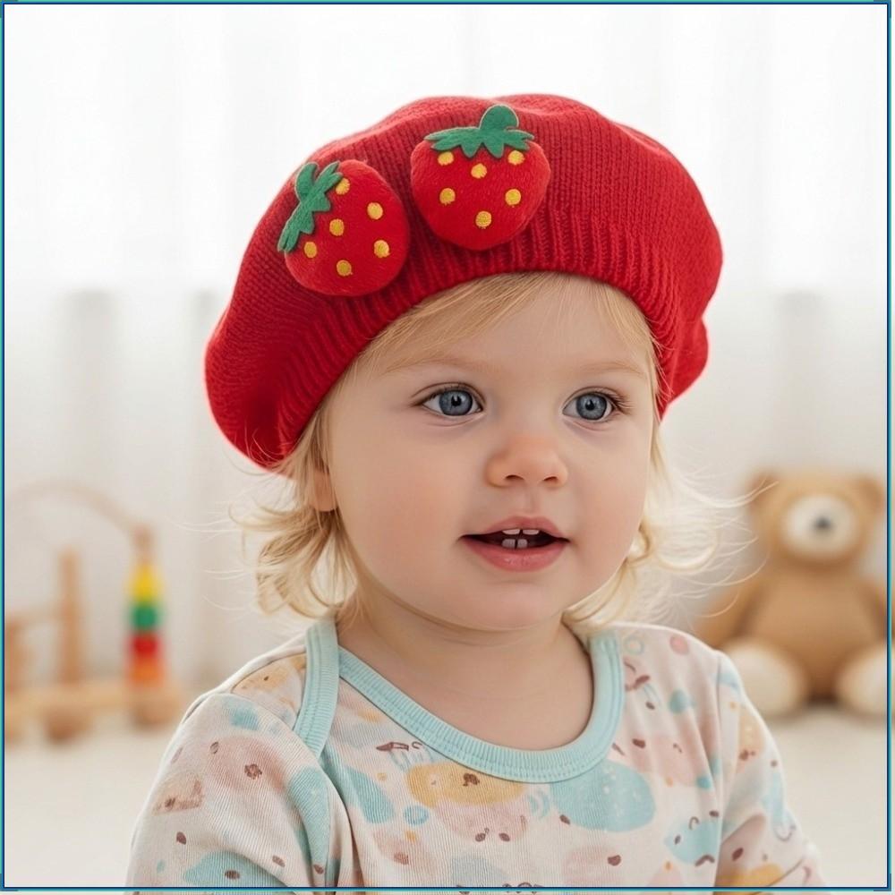 Chapéu Infantil Para Meninas , Boina De Bebê Morango Vermelho , De Malha Quente E Doce Crianças De 0 A 12 Meses