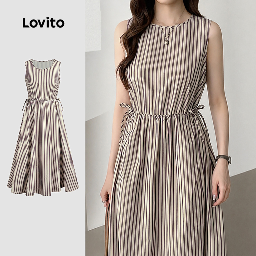 Lovito Vestido Listrado Casual Primavera/Verão Khaki Feminino L198ED443