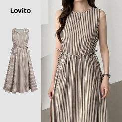 Lovito Vestido Listrado Casual Primavera/Verão Khaki Feminino L198ED443