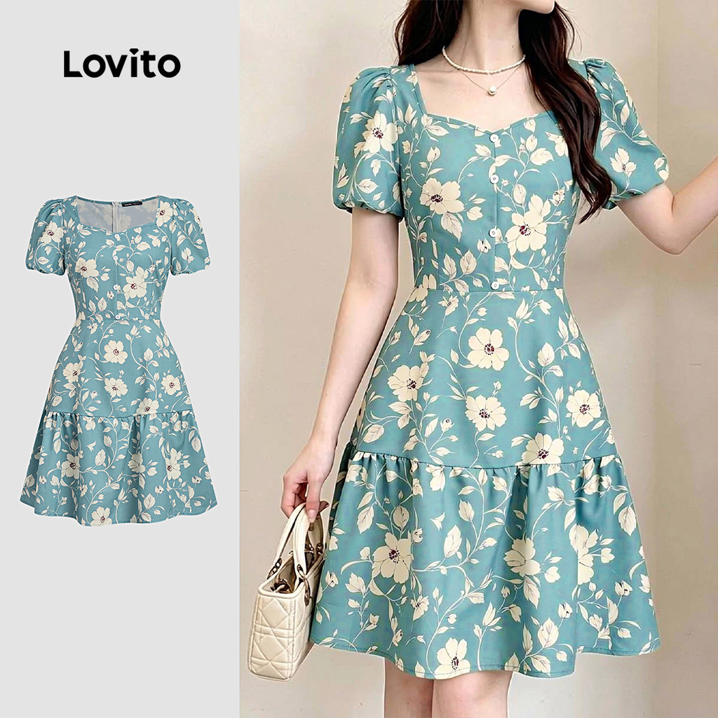 Lovito Vestido Casual Verde Primavera/verão para Mulheres com Estrutura linear DRK8P1D333