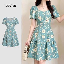 Lovito Vestido Casual Verde Primavera/verão para Mulheres com Estrutura linear DRK8P1D333