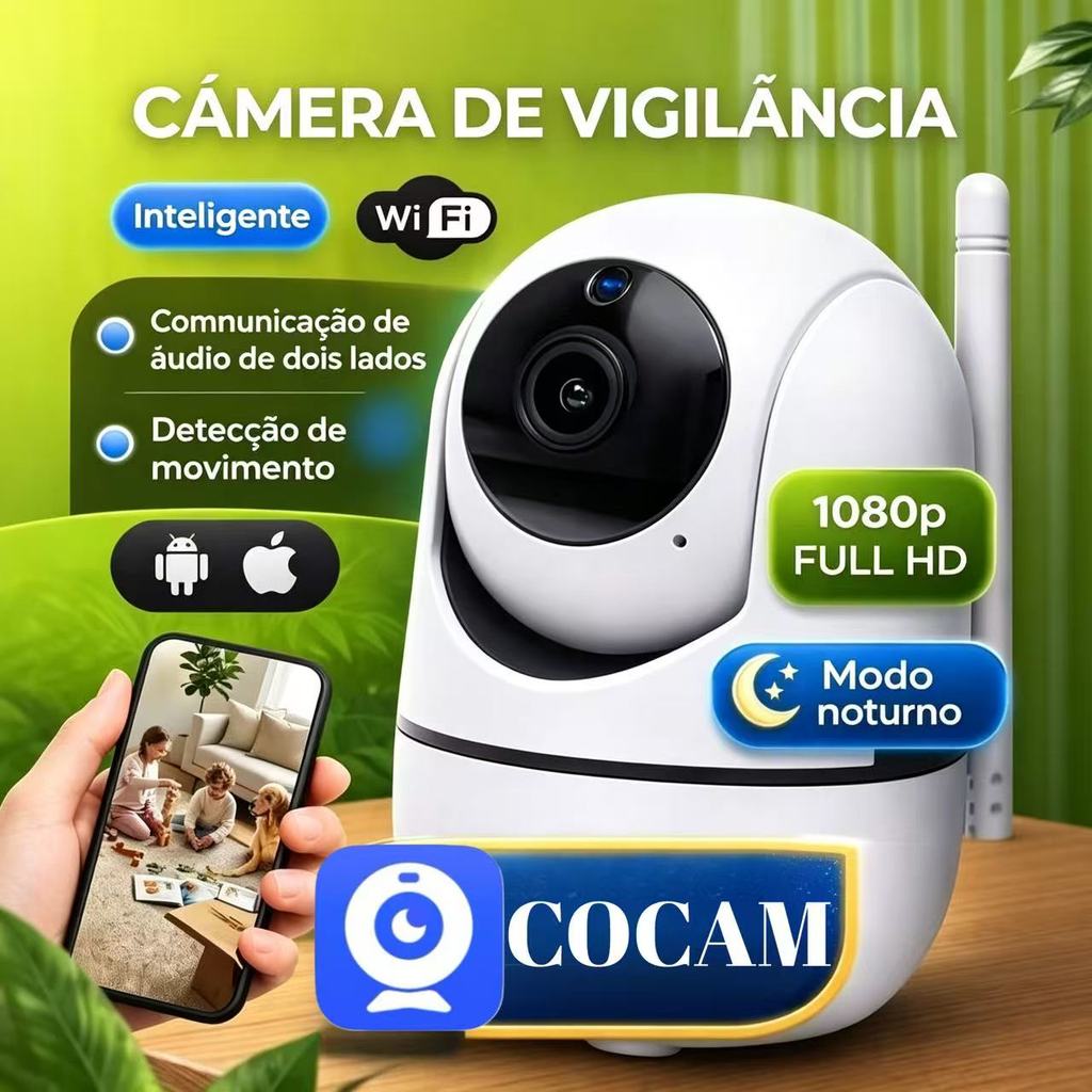 Câmera de Segurança WiFi 360° Full HD 1080p com Áudio, Visão Noturna e Rastreamento Automático | COCAM Monitoramento