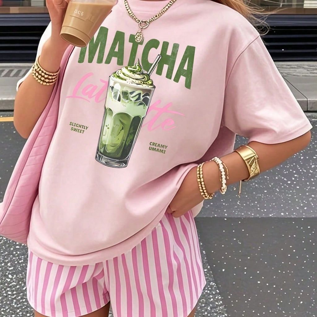 Camiseta Feminina T-shirt Matcha Camisa de Manga Curta com Gola Redonda Estilo Casual Colorida Tendencia Verão Algodão