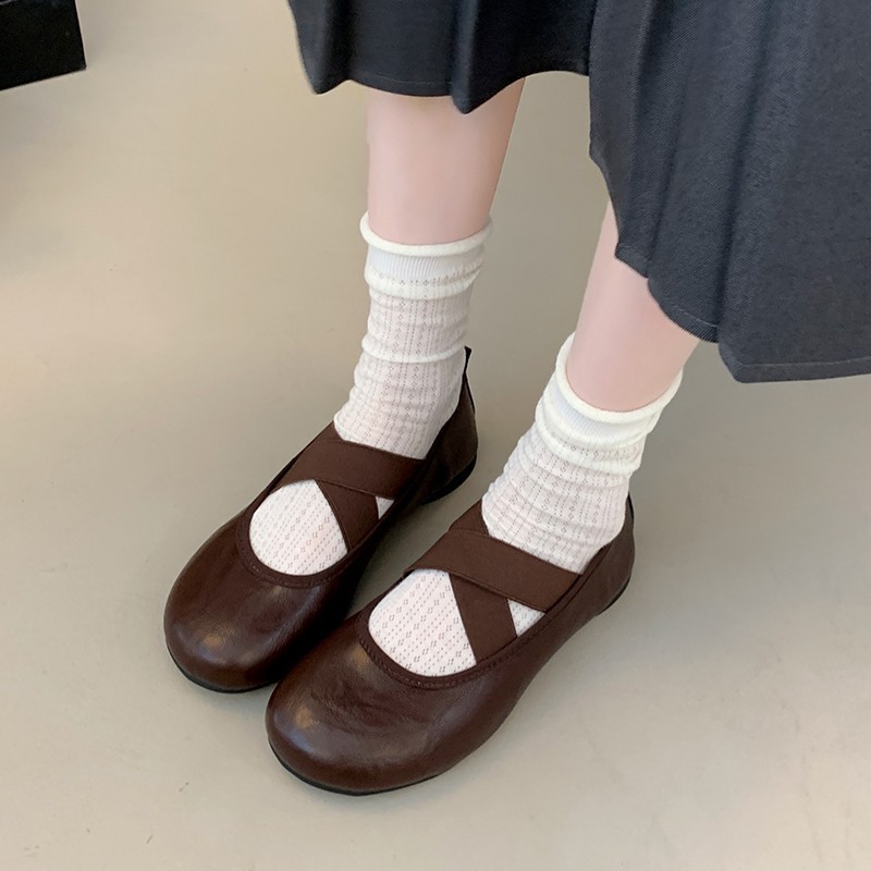 Francês Retro dedo do pé redondo cinta cruzada Mary Jane sola macia avó sapatos de balé boca rasa sapatos planos feminin