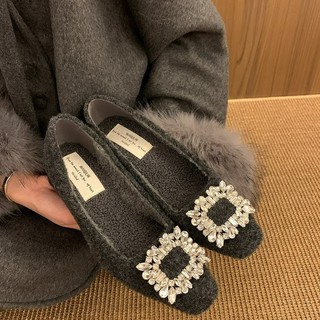 Liberação!Xiaoxiang estilo cinza lã strass salto médio dedo do pé quadrado Mary Jane sapatos femininos outono inverno fo