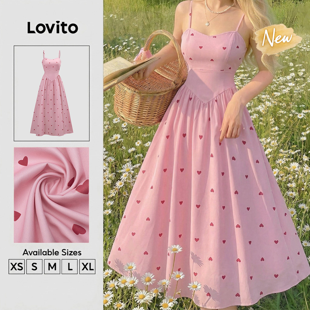 (New Arrival) Lovito Elegante Vestido Longo Evase Rosa Coração Babado Contraste Primavera Verão Trabalho Para Mulheres DRB205P2D119