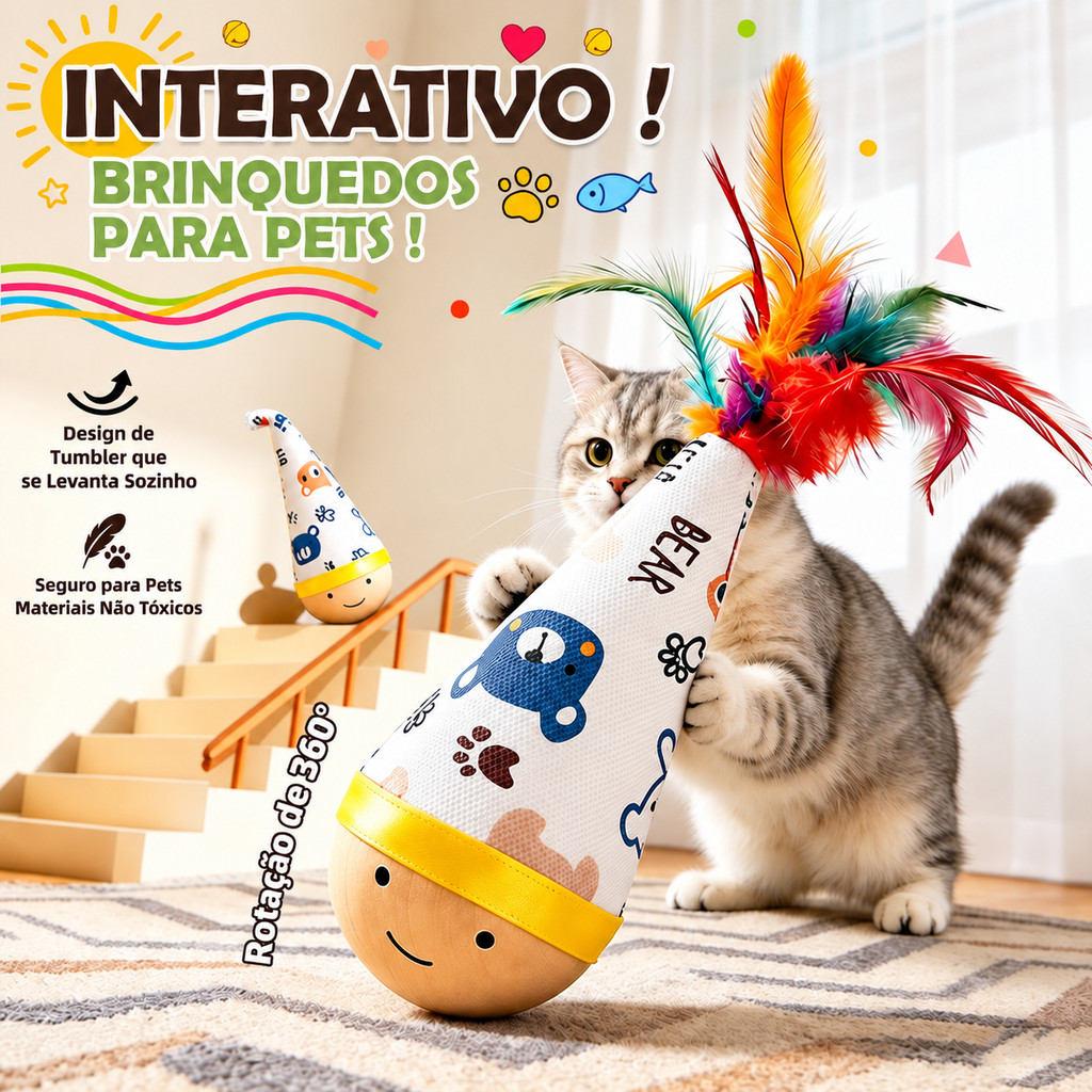 Brinquedo Para Gatos João Bobo Madeira De Faia Oscilante Pena Mola Flexível Gasta Energia Alivia O Tédio