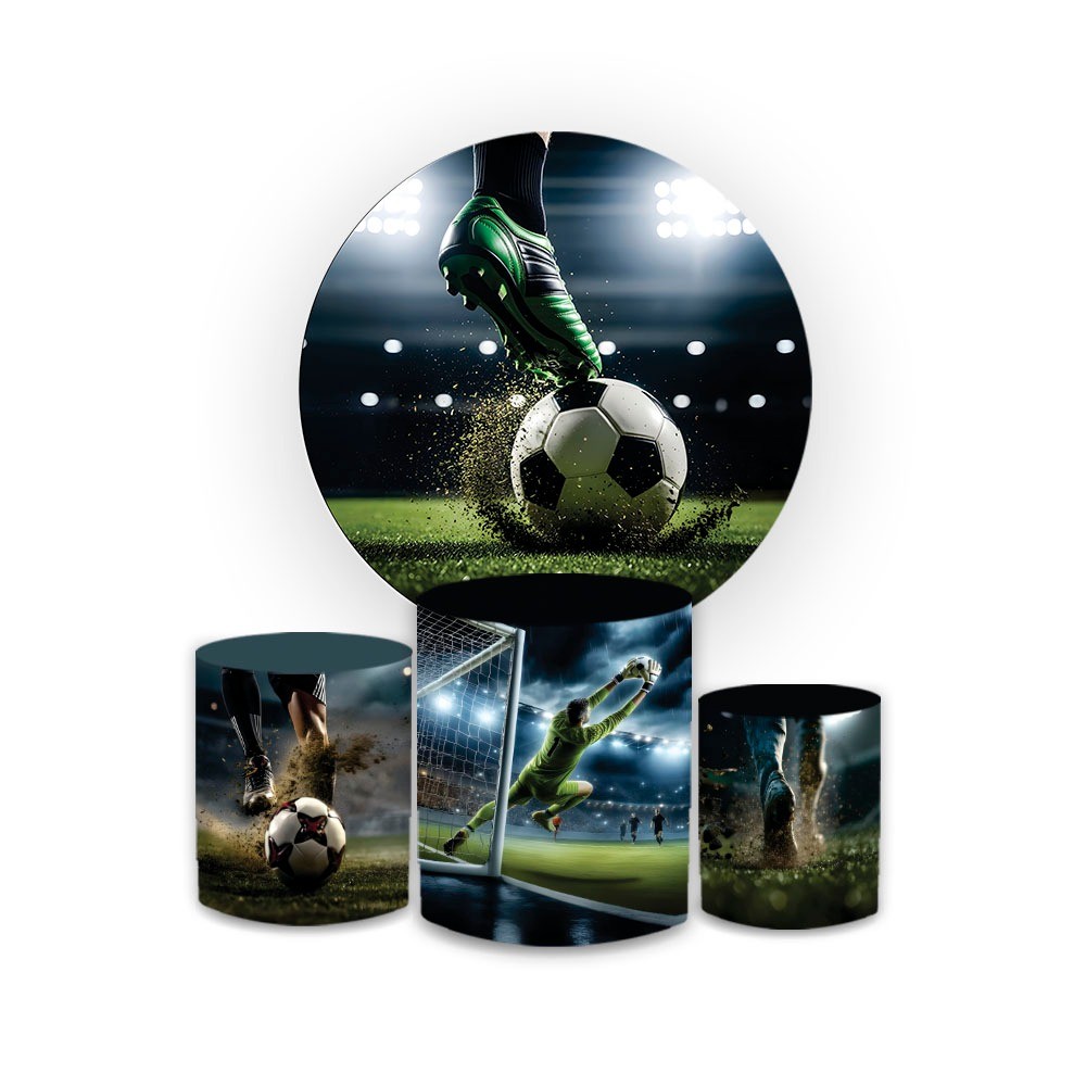 Trio Capas Cilindro + Painel Redondo Futebol Bola no Campo Chute no Gol Festa Copa
