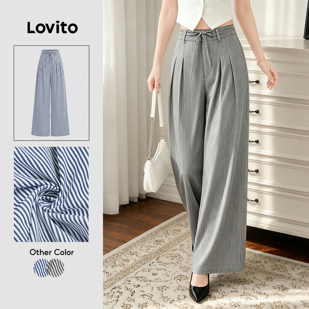 Lovito Elegante Calça Verão/primavera Com Botões E Cadarço Macia E Confortável Preta Para Todas As Estações L137ED215
