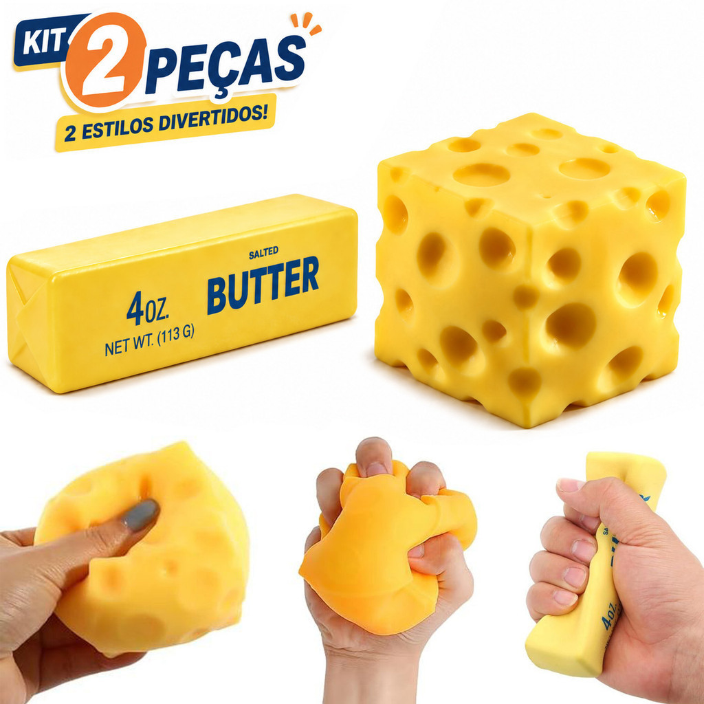 Kit 2 Squishies de Manteiga e Queijo, Brinquedos Sensoriais Antiestresse, Brinquedo Fidget Macio e Apertável