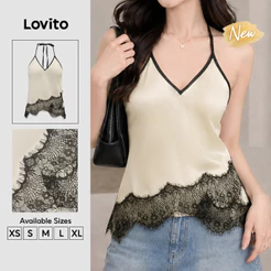 (New Arrival) Lovito Blusa Feminina Elegante Cor De Damasco Lisa De Cor Sólida Sem Mangas Com Alças Finas Renda Assimétrica E Blocos De Cores Para a Primavera/verão E Para O Trabalho Bordado TKT204P1D519