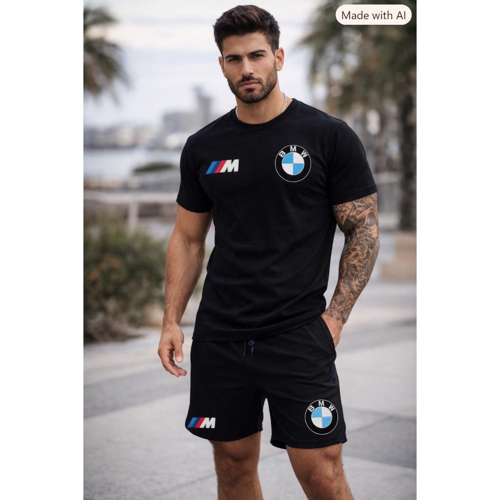 Kit Camiseta E Short Tactel Masculino BMW Conjunto Exclusivo Estampado Carro Esportivo Alta Qualidade