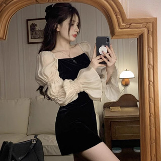 Francês elegante celebridade tubo topo pequeno vestido preto feminino luz luxo trompete manga pequeno vestido doce estil