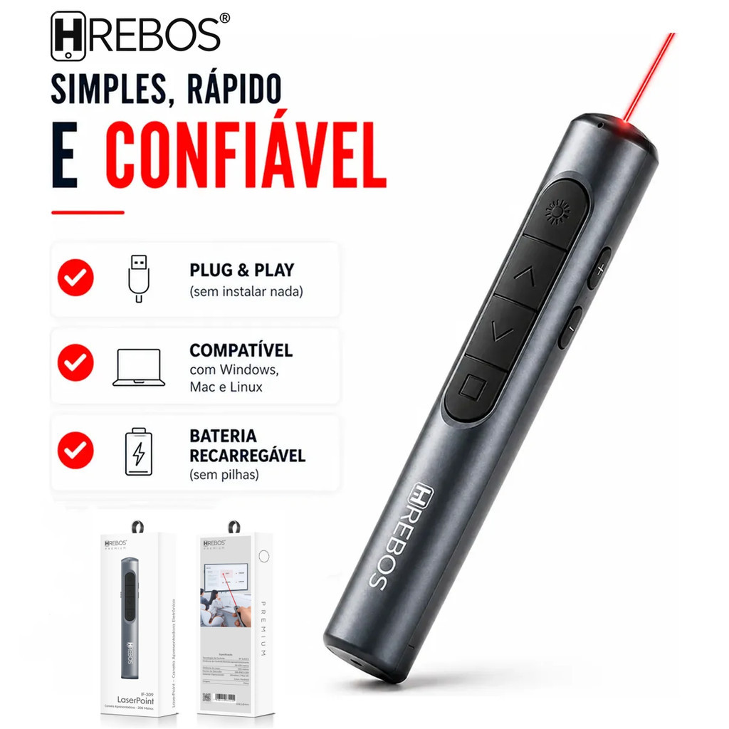 Apresentador de Slides Hrebos Recarregável, Caneta Laser 200m com Controle Sem Fio 100m USB-C para PowerPoint Windows