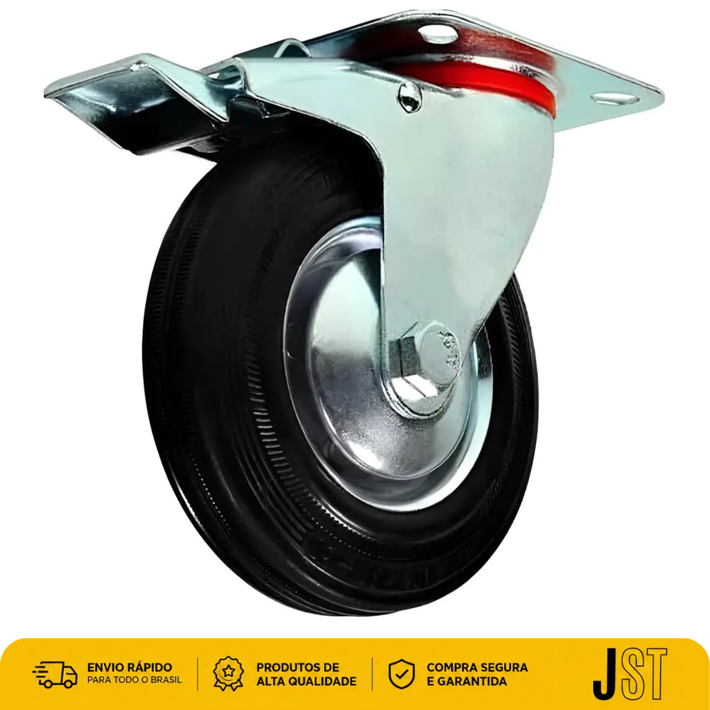 Rodízio Giratório De Borracha 125mm 5pol Com Trava 100kg JST Para Carrinhos