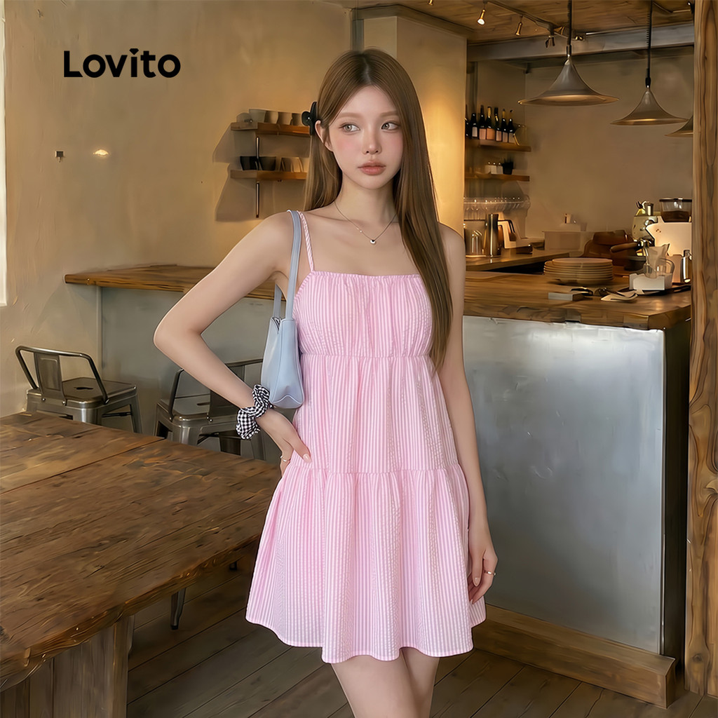 (Casual) Lovito Vestido de Primavera/verão em Rosa com Drapeado para Mulheres L151AD048