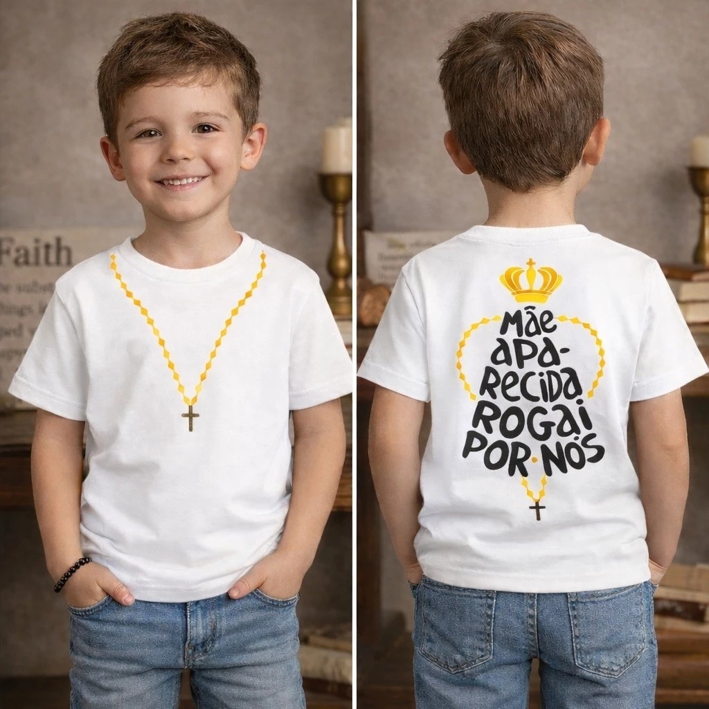 Camiseta Infantil Rogai Por Nós - Camisa Dia Das Crianças Estampa Nossa Senhora 100% Algodão