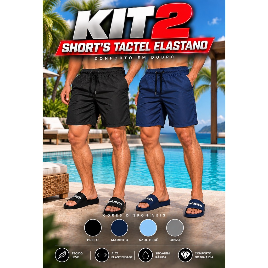 Kit 2 Short's Tactel Elastano Short Masculino Liso Praia Verão Academia Corrida 2k27