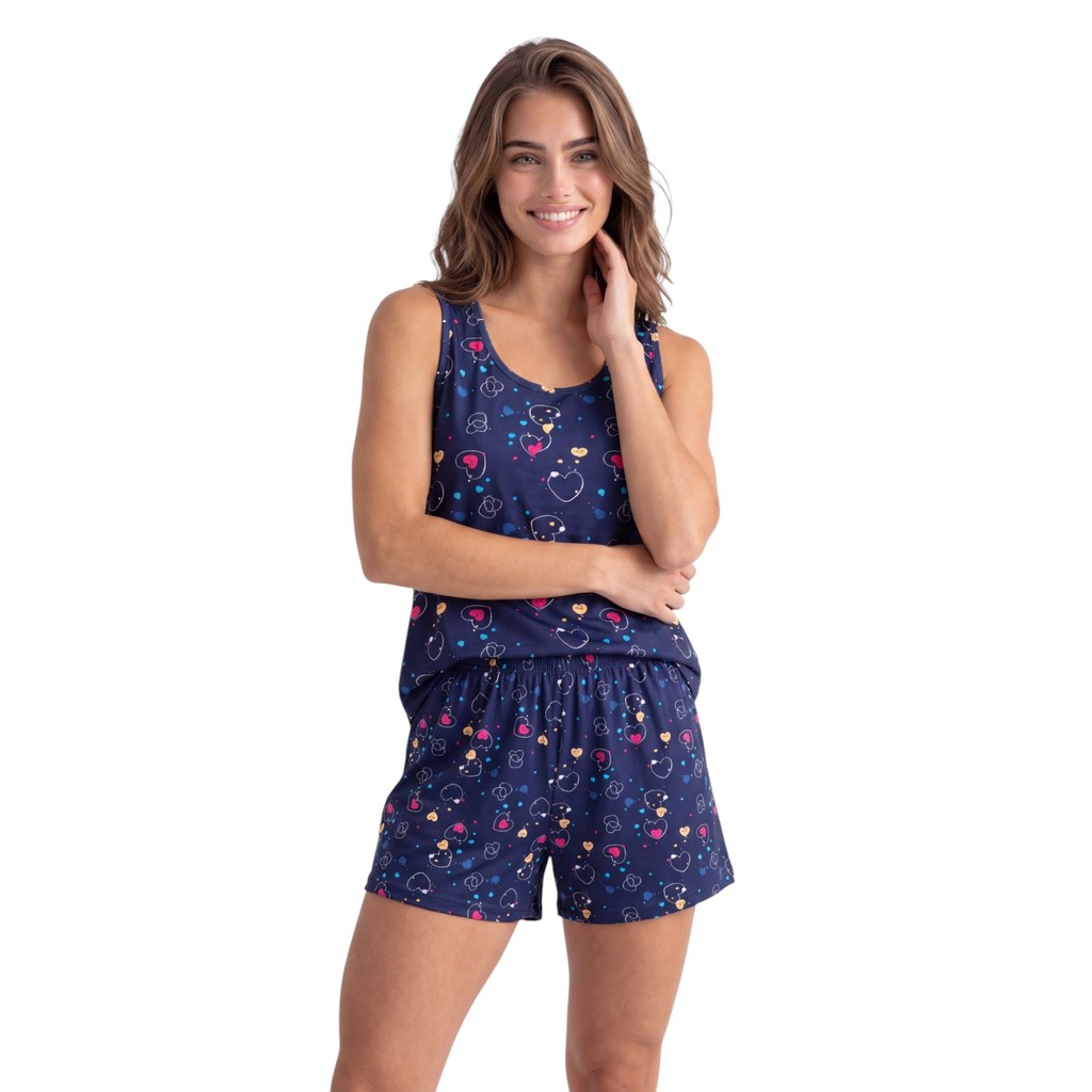 Conjunto Pijama Regata e Short Estampado Feminino Confortável para Dormir Leve Macio Conforto Basico