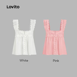 Lovito Top Férias Feminino em Renda Lisa Regata Verão Primavera Bordado L100MD371