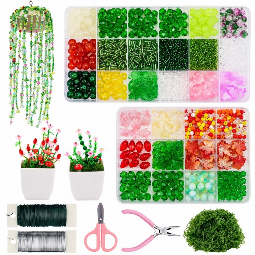 Kit de Plantas com Miçangas 2865PCS Conjunto de Artesanato DIY com Miçangas de Vidro e Arame, Miçangas em Forma de Folha