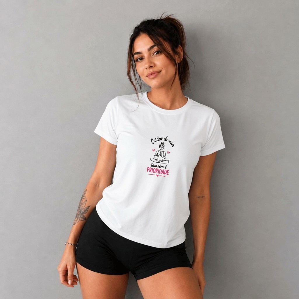 Camiseta Feminina Estampada Cuidar de Mim Camisa 100% Algodão Macia Leve Blusa Para Treinar Academia Fashion Confortável