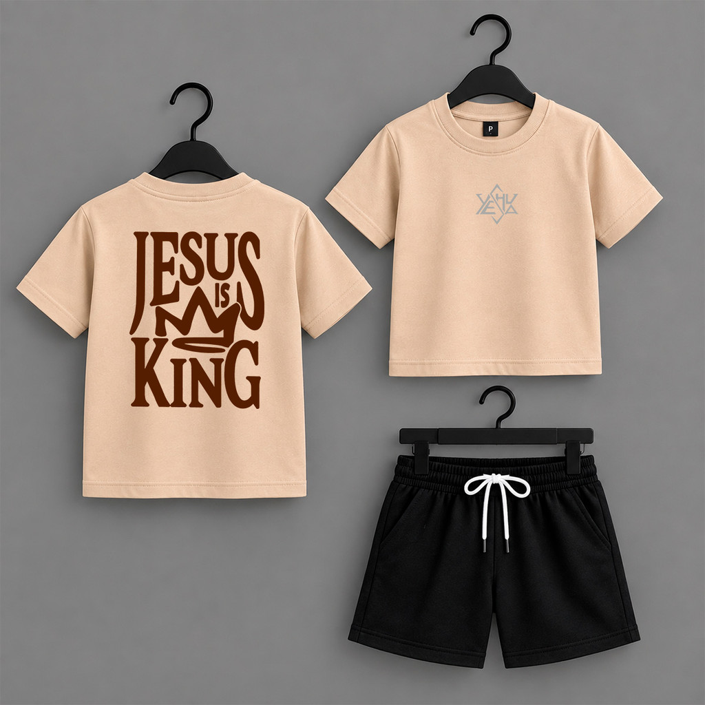 conjunto infanto juvenil camiseta de algodão estampada jesus king e short moletinho