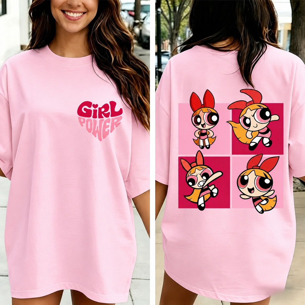 Camiseta Feminina Oversized de100% Algodão Estampa Meninas Super Poderosas Casual e Nostálgico Envio Imediato