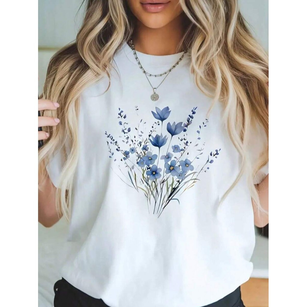 [Camiseta Premium em Algodão Puro]MIA Camiseta Casual Floral Azul Premium Primavera Verão 100% Algodão Envio Rapido