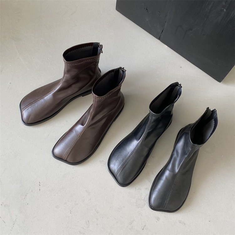 Botas femininas de cano curto com bico quadrado e fecho traseiro, elegantes, de sola reta, para uso casual, tamanhos 35-