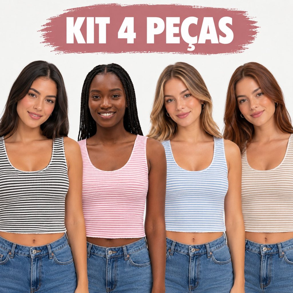 Kit 4 Regata Feminina Listrada Ribana Canelada Básica Blusa Casual Blusinha Camiseta Dia a Dia Confortável