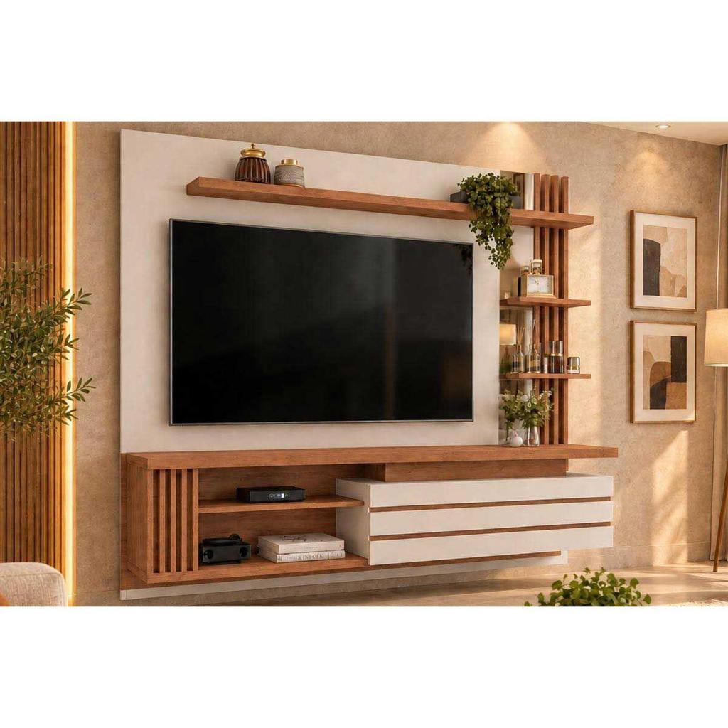 Painel Home p/TV até 55 Polegadas Marin c/ Prateleiras e Bancada 160x153cm Off White/Freijó - DJ Móveis