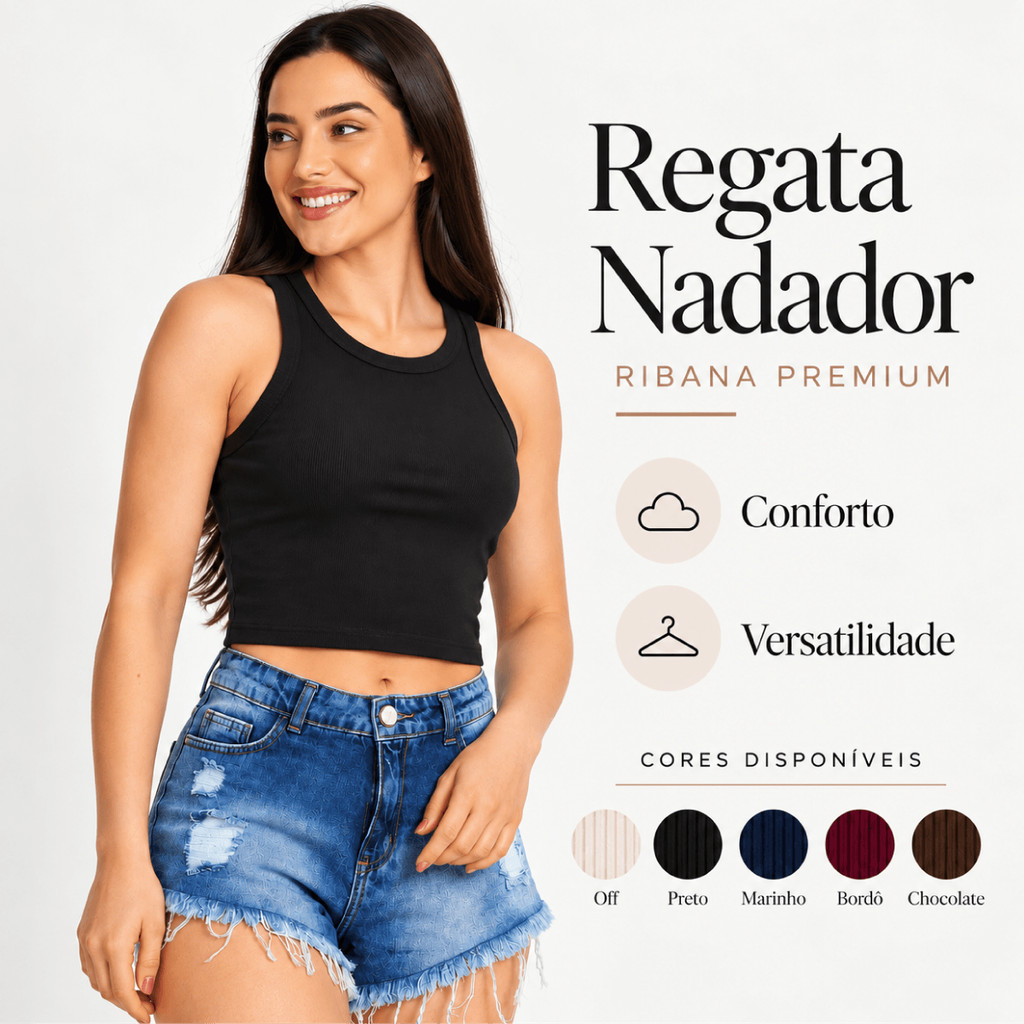 Regata Nadador Feminina Premium Ribana Canelada | Cropped Básico Casual Confortável e Versátil