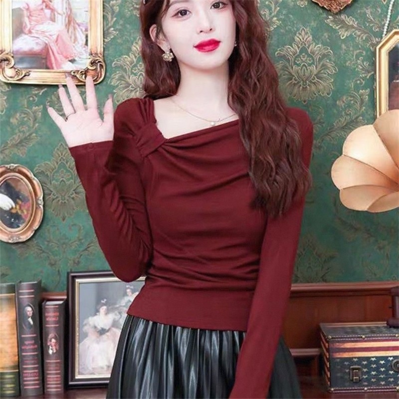 Primavera outono Encore vermelho gola Diagonal manga comprida camiseta feminina High-End estilo ocidental All-Match magr