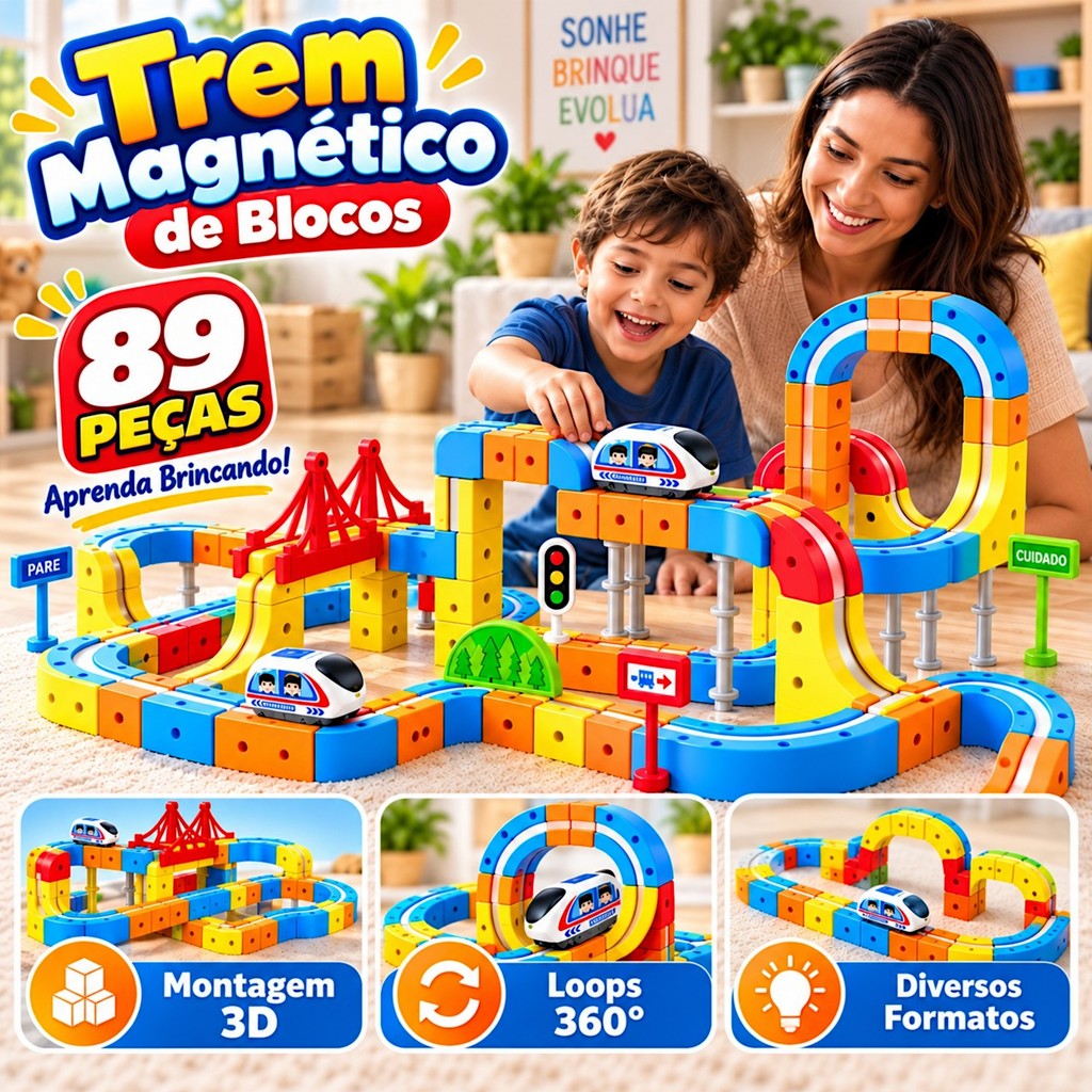 Trem Elétrico Pista Kit Trem Magnético Blocos de Montar Recarregável USB Brinquedo Educativo Infantil