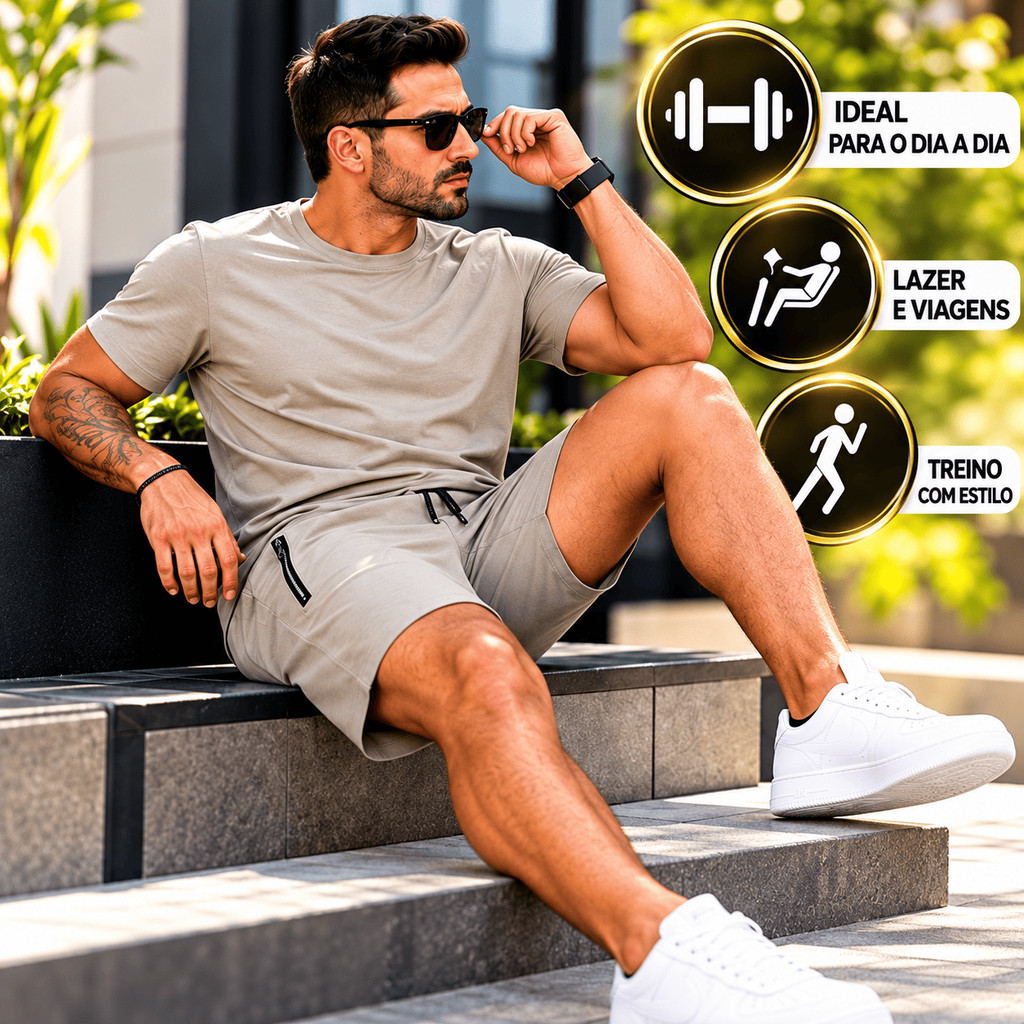 Conjunto Masculino Camiseta E Bermuda Em Poliamida Secagem Rápida Para Academia Short Mauricinho Dry Fit Bolso De Zíper