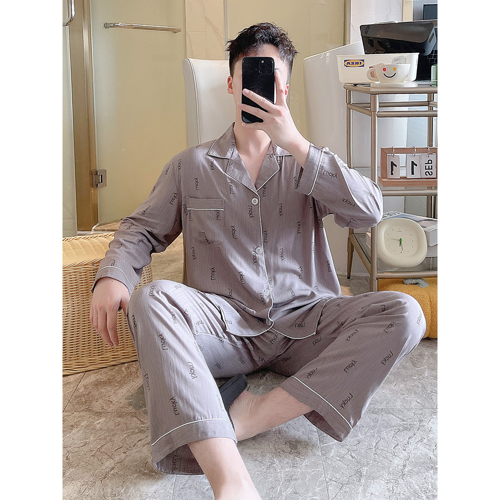 2026 novo estilo verão Loungewear algodão seda pijamas masculinos lapela de algodão Artificial terno de manga comprida a
