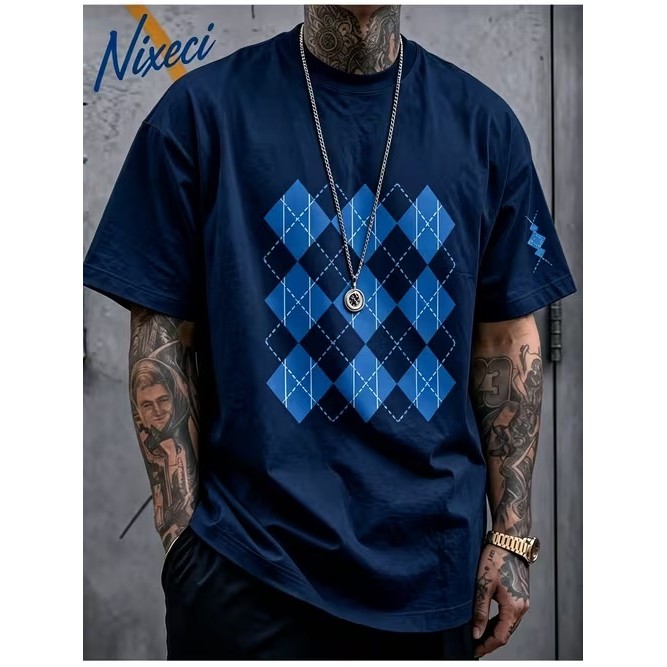 Camiseta Masculina Manga Curta Estampada Losango Confortável Moderna Estilosa Premium Moda Casual Tendência para Verão