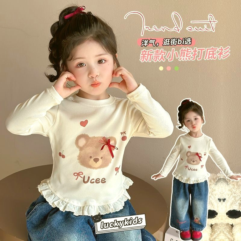 Outono Bonito Bebê Meninas Dos Desenhos Animados Urso Impressão Manga Longa Camiseta Primavera Crianças Rendas Macio Cam